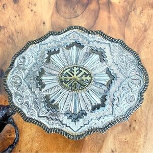 VINTAGE Crumrine SILVER PLATE Belt Buckle - Ornate Western Buckle 3” x 2.25”